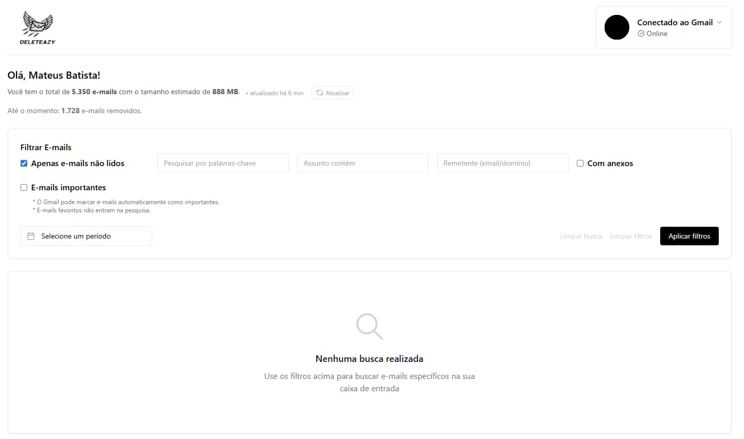 Painel de filtros do Deleteazy para selecionar e-mails por remetente, assunto e data