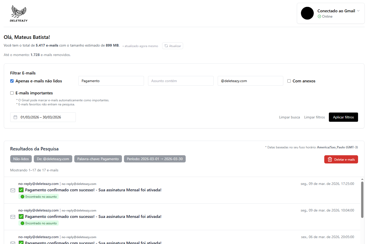 Filtro por remetente no Deleteazy para deletar todos os e-mails de um contato específico